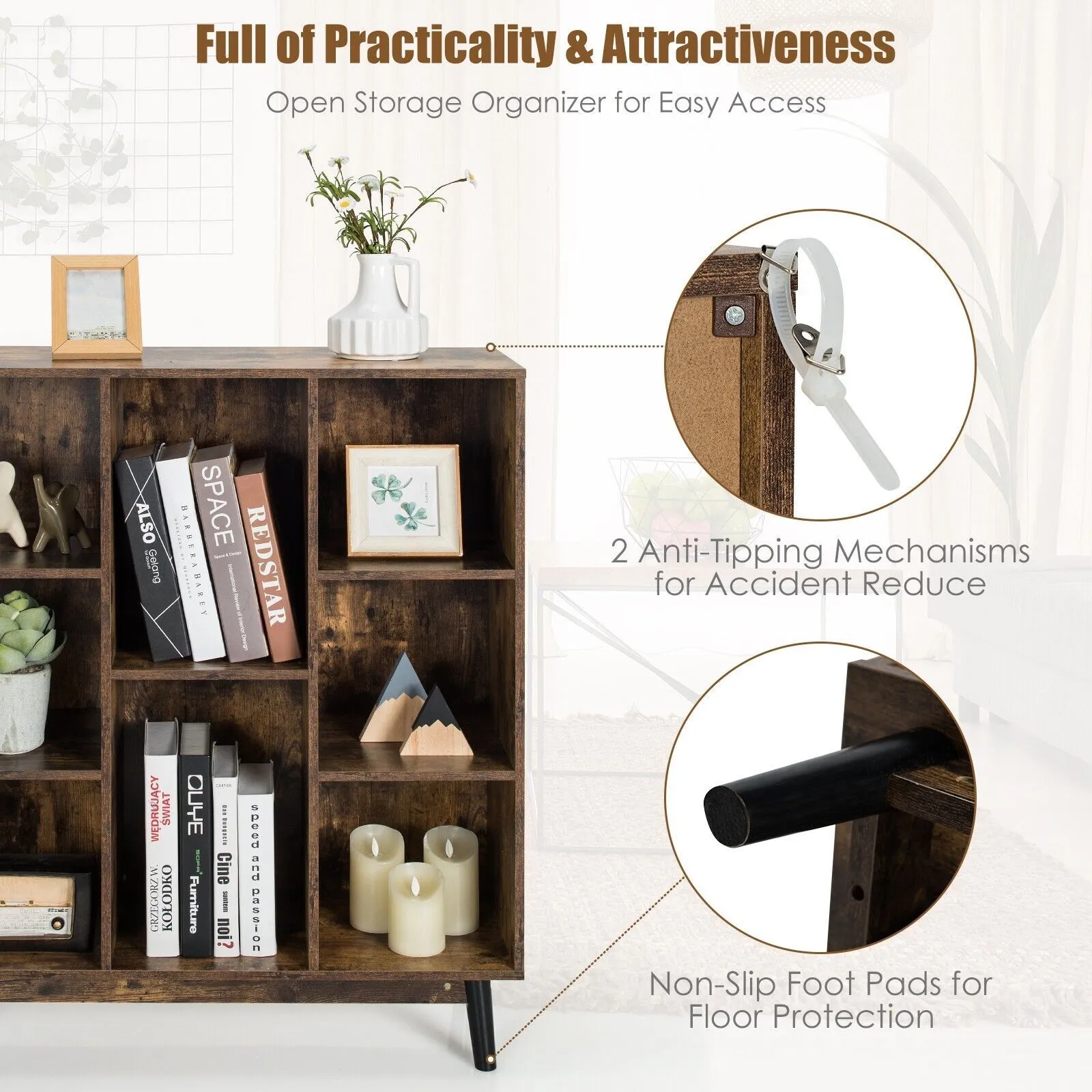 Costway 8Cube Storage Bookcase Wooden Bookshelf Side Cabinet Freestanding Display Rack in Brown 6