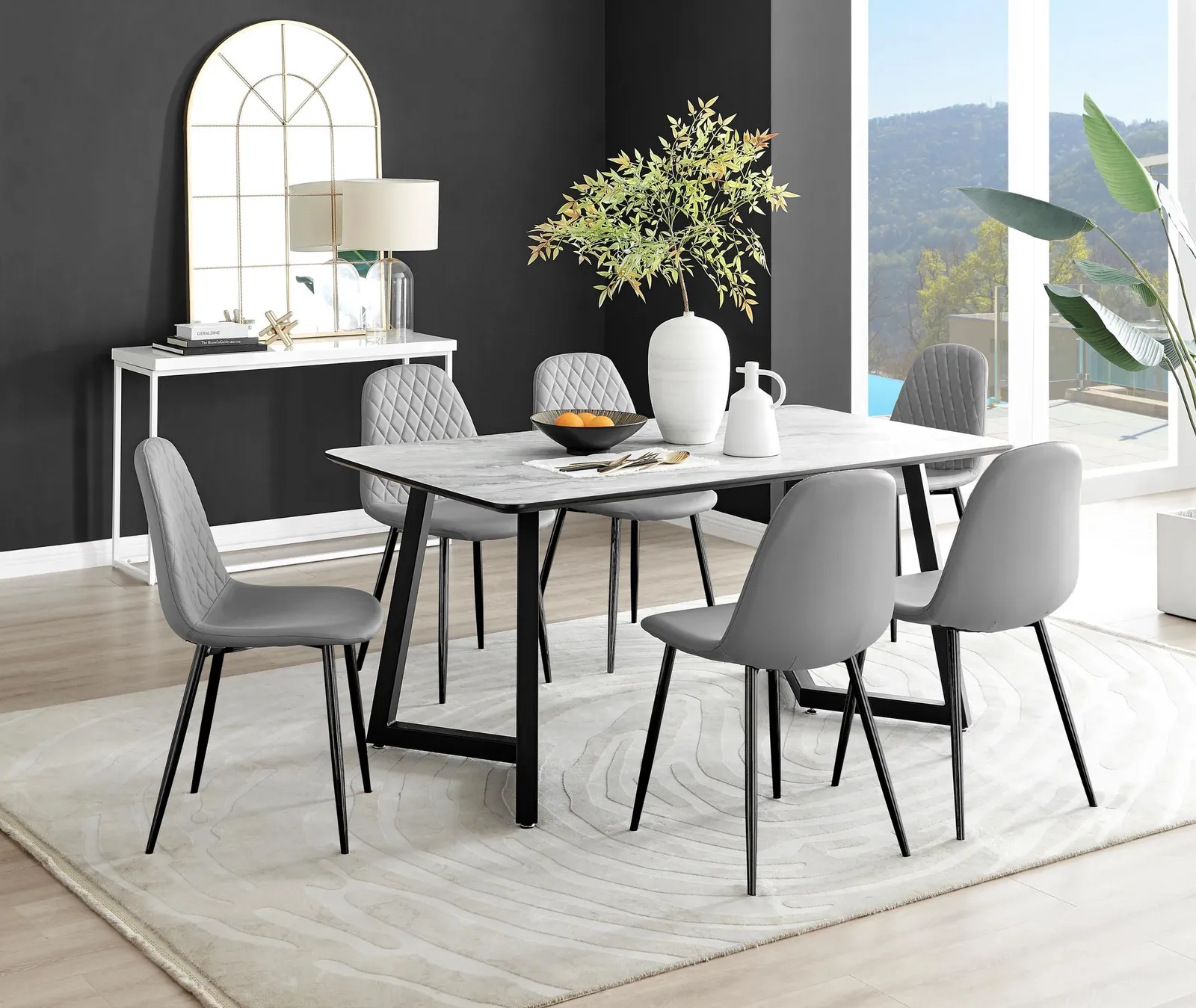 FurnitureboxUK Carson White Marble Effect Dining Table & 6 Corona Black Leg Chairs in Grey