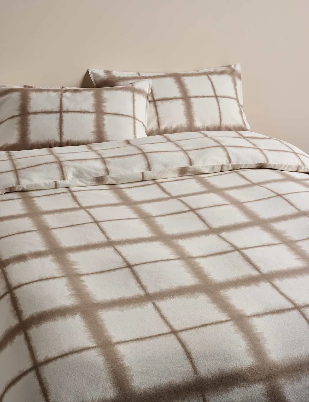 M&S Brushed Cotton Blurred Check Bedding Set Putty