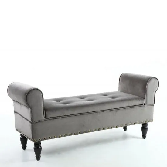 Royce Ottoman Storage Chaise In Grey Velvet With Wooden Legs