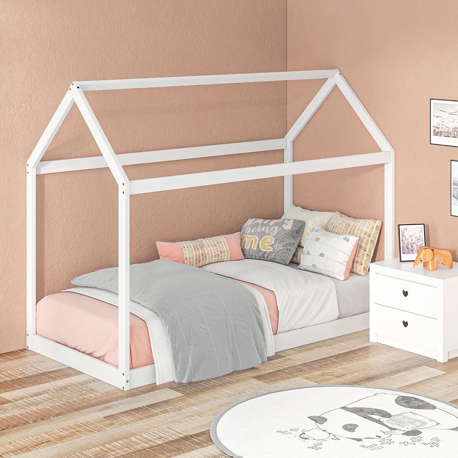 HOMCOM Wooden Single Bed Frame with Tree House Style in White 2