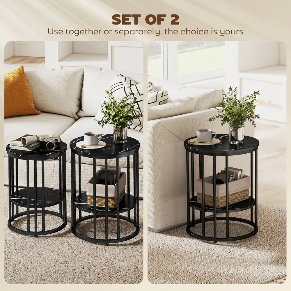 HOMCOM Marble-Effect Round Coffee Table Set of 2 for Living Room, Black 5