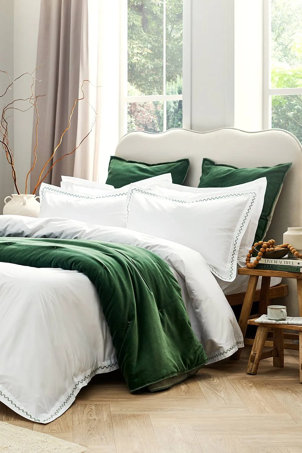CHRISTY 'Wave Edge' Embroidered Cotton Percale Duvet Cover Sets in Green