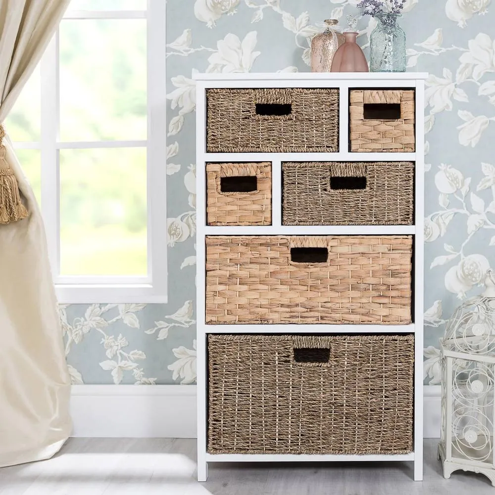 Statement Furniture Tetbury 6 Drawer Storage Unit White with Hyacinth & Seagrass Baskets