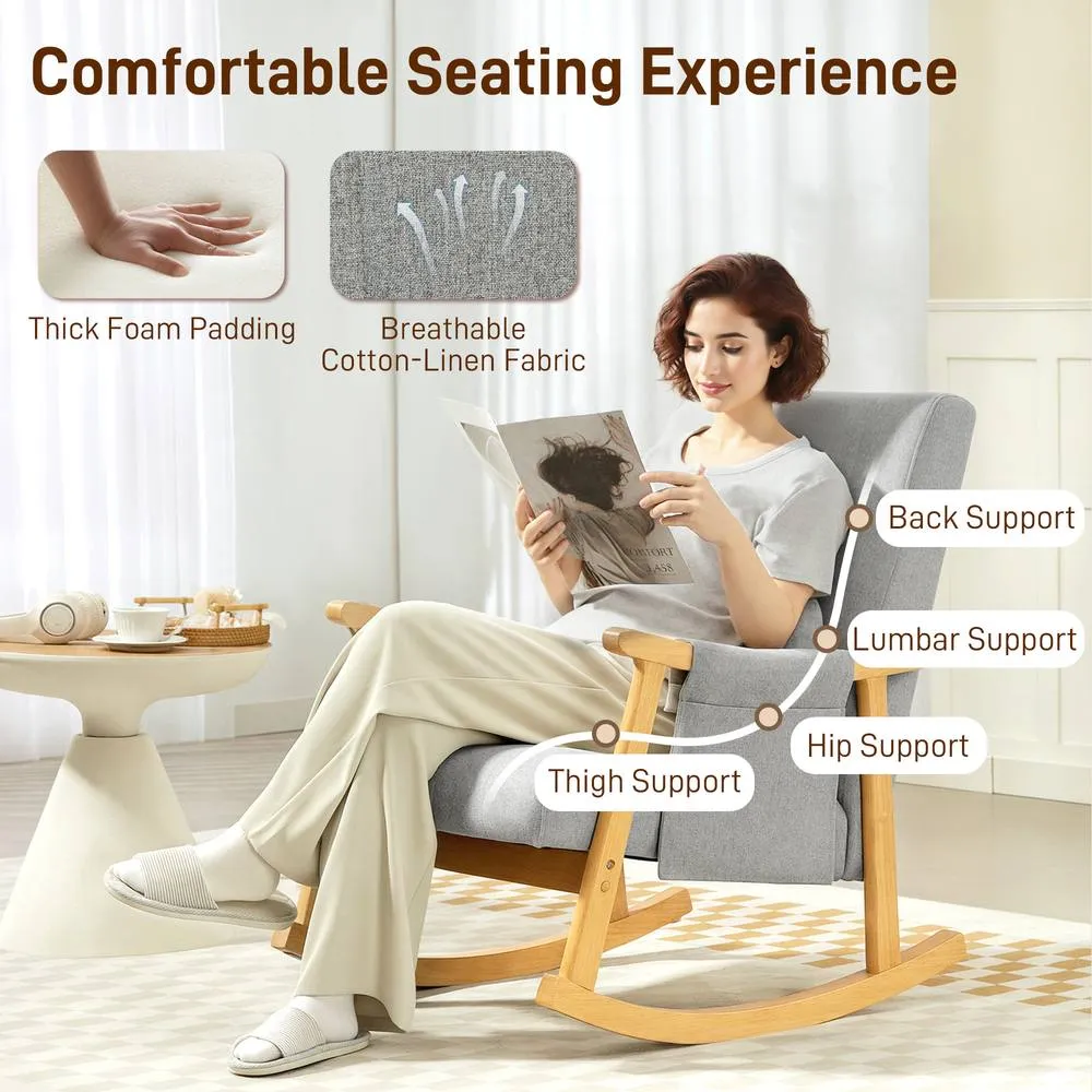 HOMCOM Modern High Back Rocking Chair with Solid Wood Legs in Light Grey 5