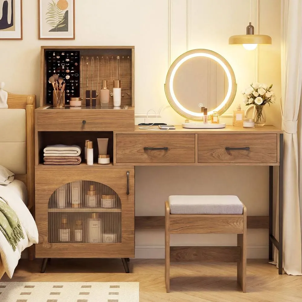 Costway Modern Makeup Vanity Table Set Dressing Desk w/Mirror & Lights & Stool in Natural 3