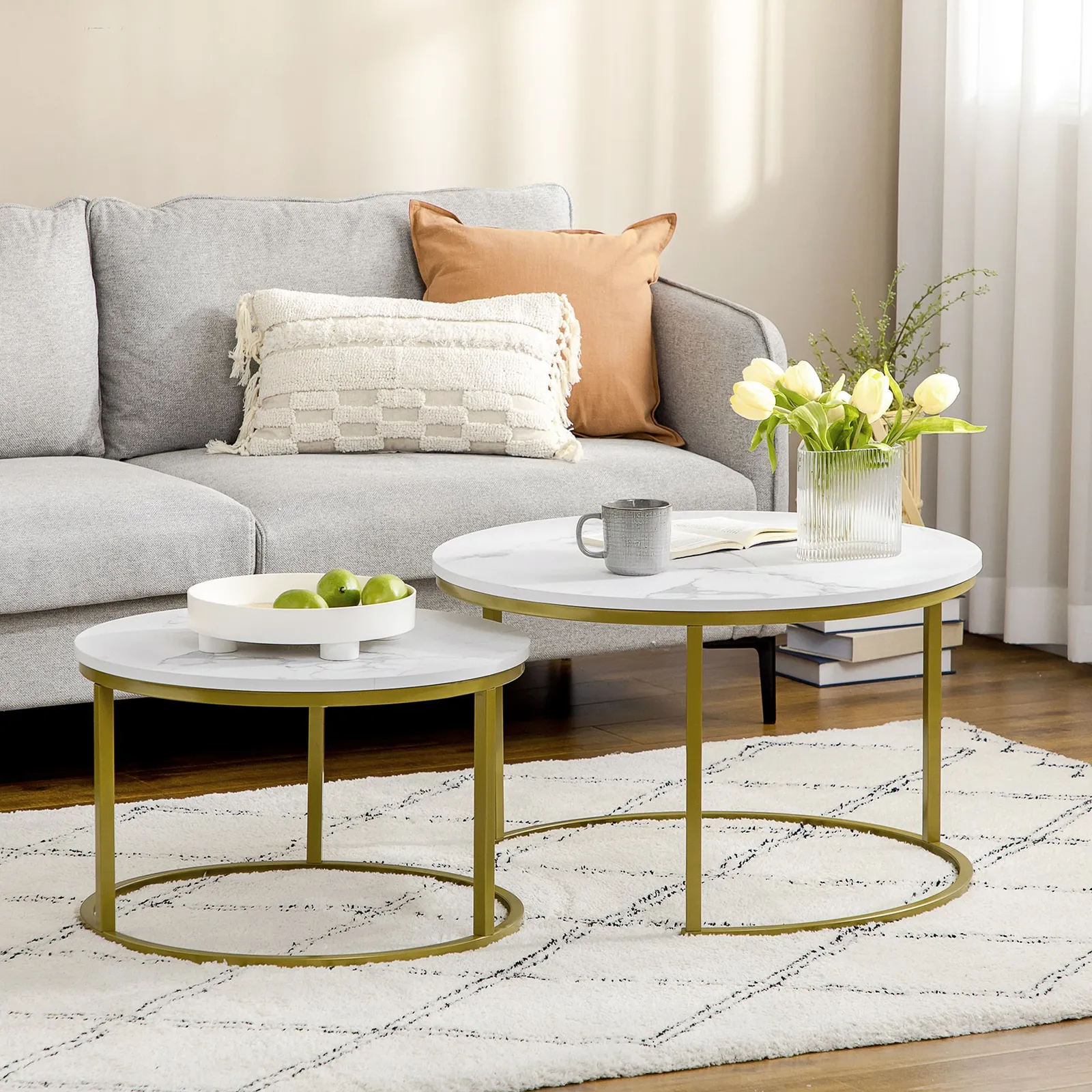 HOMCOM Round Nest of Tables Set of 2 Stacking Coffee Tables in White