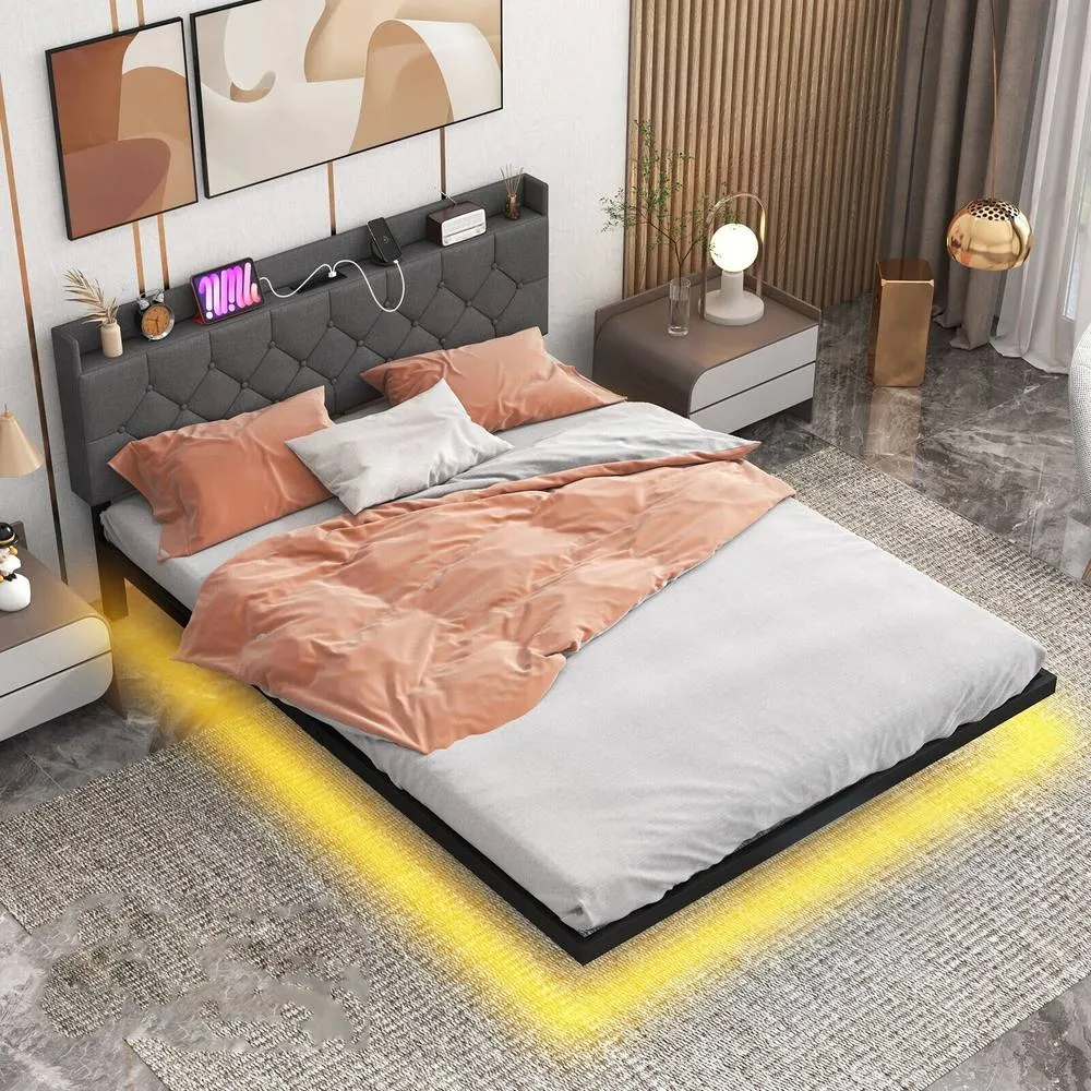 Costway King Size Modern Platform Bed Floating Bed Frame in Grey 4