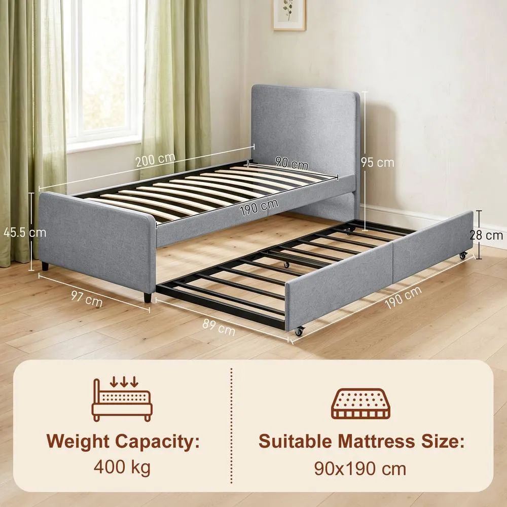 HOMCOM 90 x 190 cm Upholstered Single Bed, Pull Out Trundle Bed in Light Grey 3