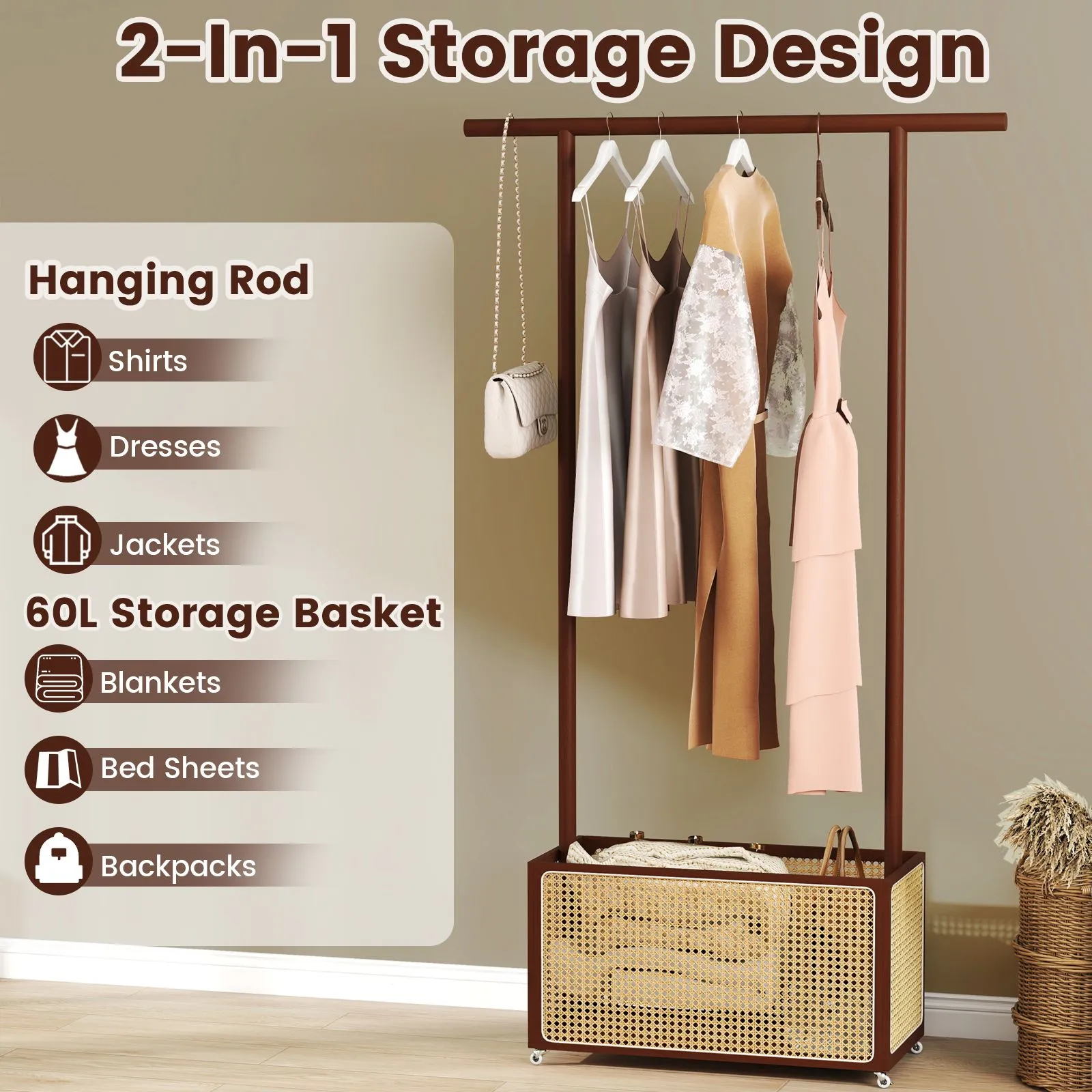 Costway Bamboo Clothes Rack Coat Hanger Stand with Rattan Storage Basket in Brown 6