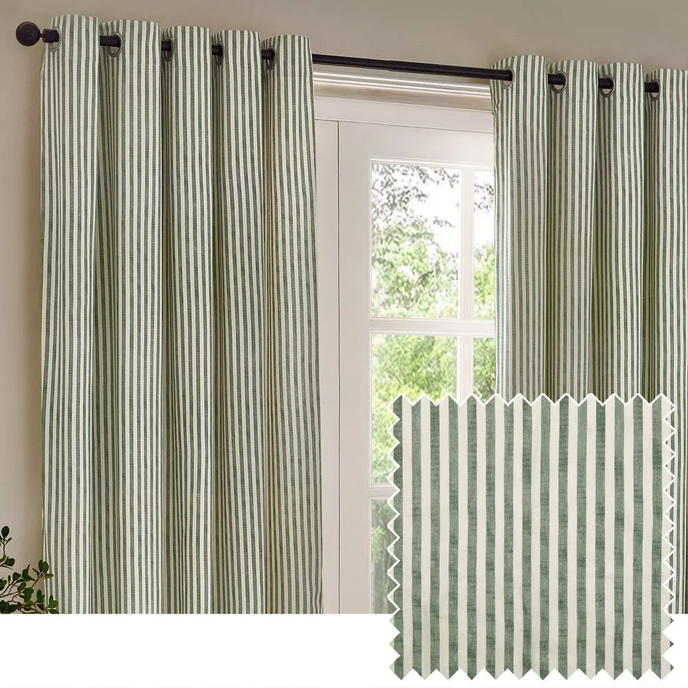 Yard Hebden Striped 100% Cotton Lined Eyelet Curtain Pair in Bottle Green 1