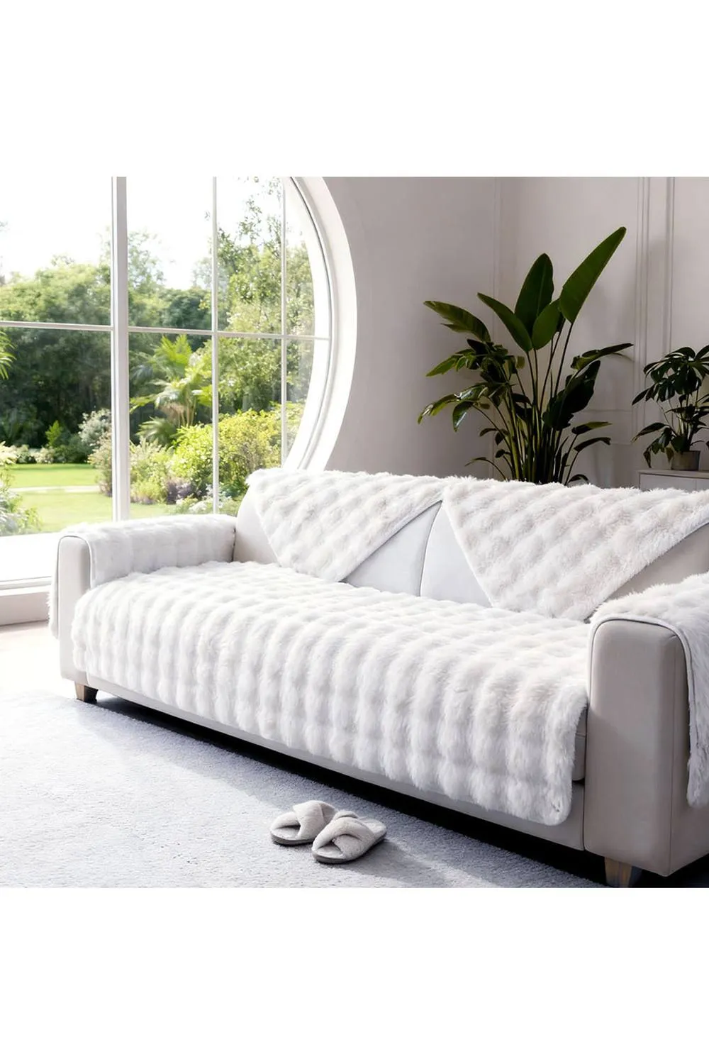 Living and Home Sleek Textured Plush Sofa Cover in White