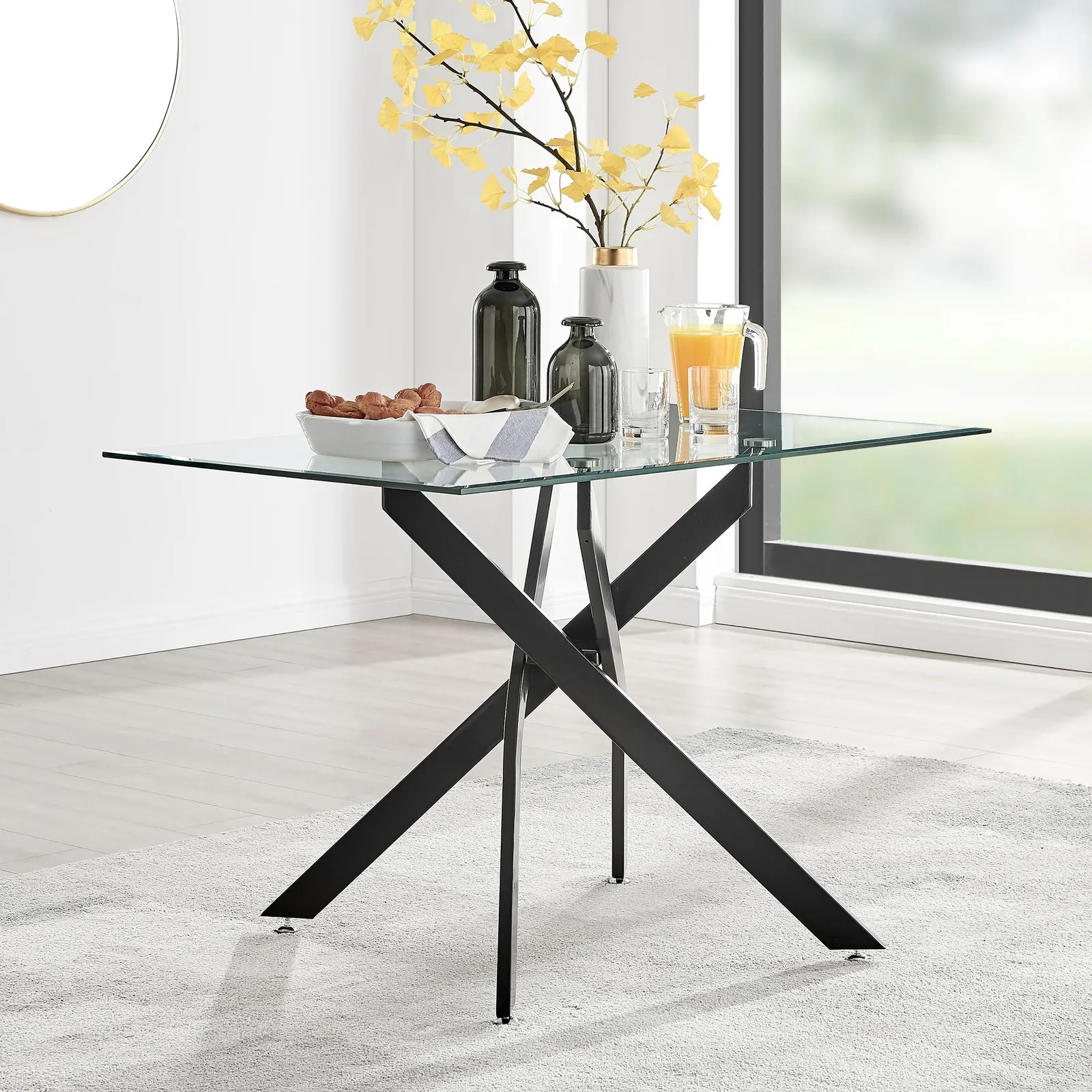 FurnitureboxUK Leonardo 120cm 4-Seater Glass & Chrome Metal Starburst Dining Table in Black