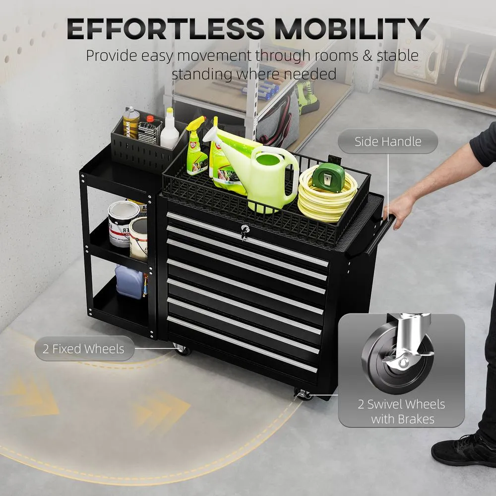 HOMCOM 7 Drawer Lockable Steel Tool Chest on Wheels for Workshop, Black 5