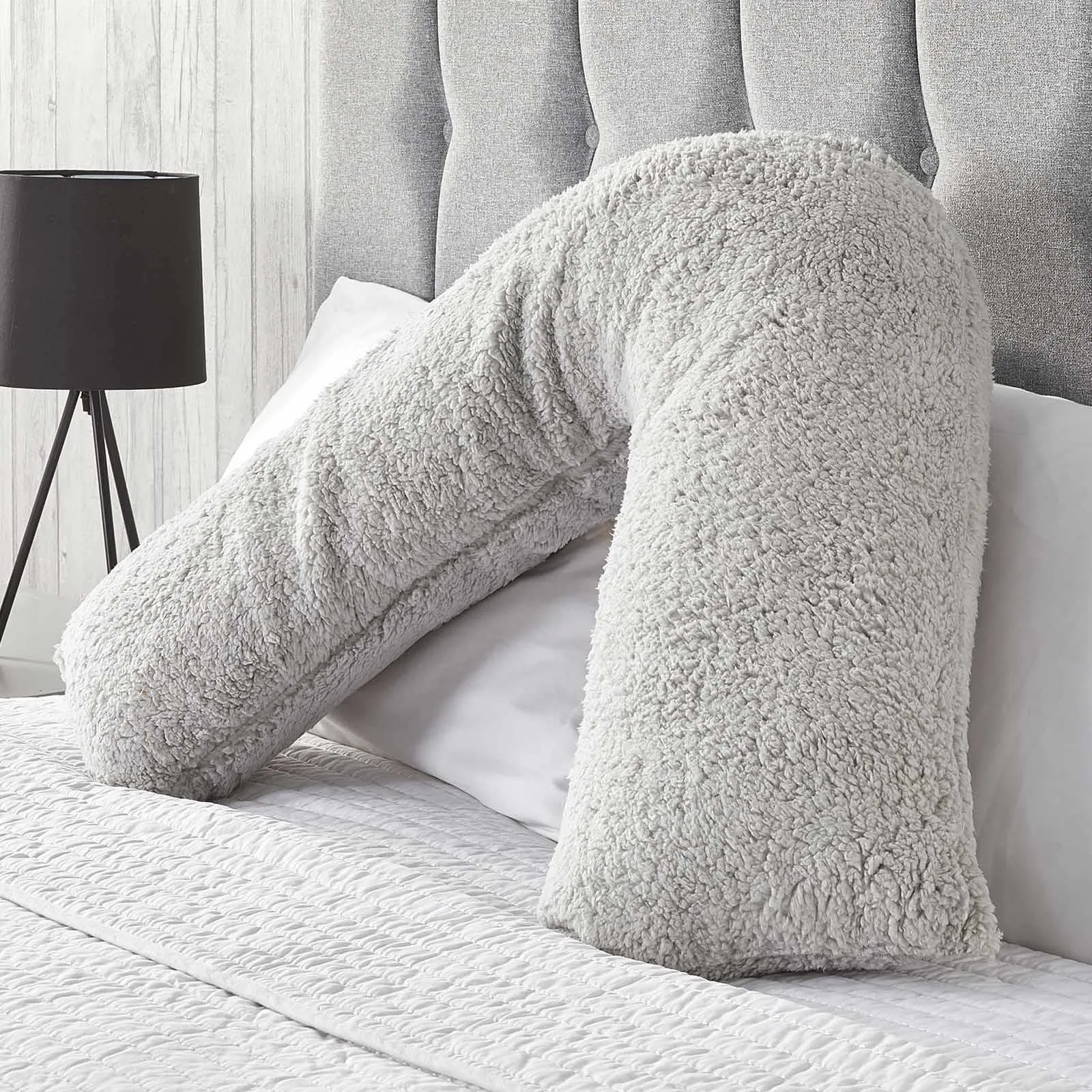 OHS Teddy Fleece V Shaped Pillow Support Pregnancy Orthopaedic Cushion in Grey