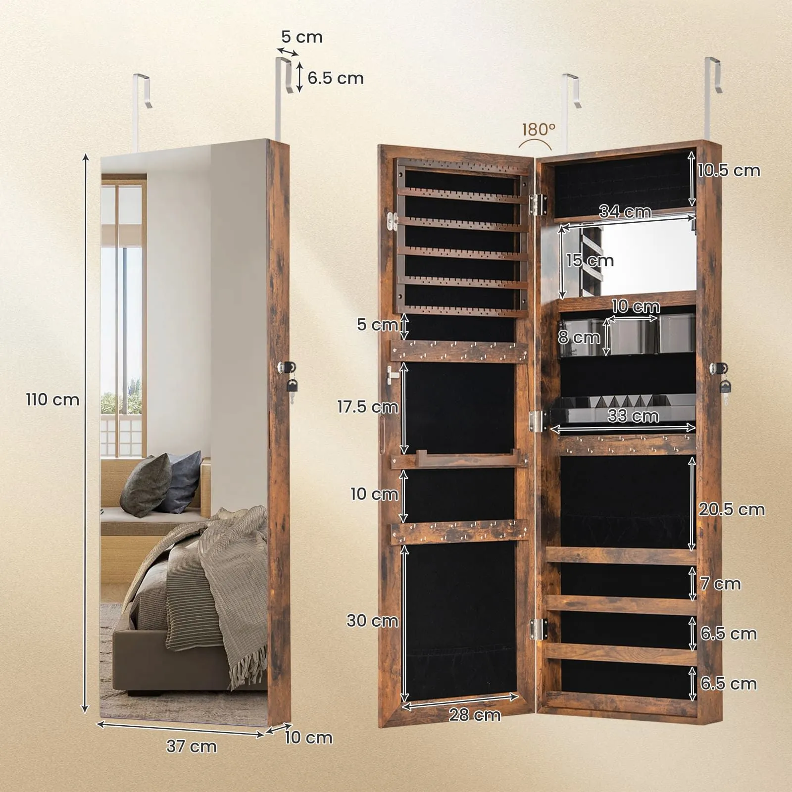 Costway Wall Mounted Jewellery Cabinet Door Hanging Jewelry Armoire w/ Full Length Mirror Lockable Cosmetics Jewellery Organiser Unit in Brown 2