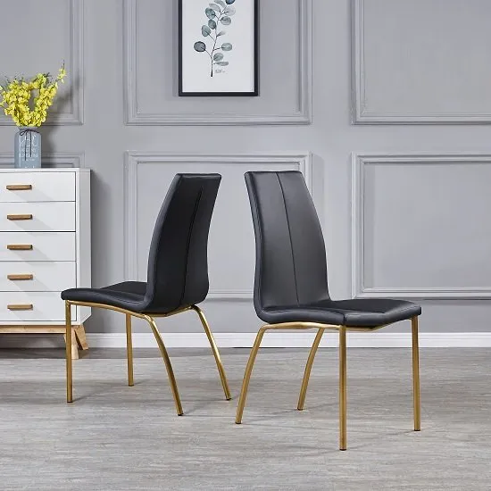 Opal Dining Chair In Black PU With Brushed Gold Base In A Pair