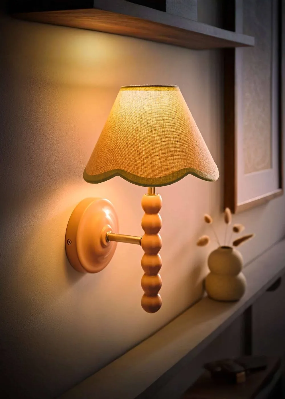 ValueLights Bobbins Rose Pink Bobble Wall Light & Linen Pastel Trim Lamp Shade in Pale Green 2
