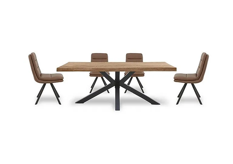 Njord 160cm Compact Raw Edge Dining Table with Metal Star Base and 4 Tan Faux Leather Swivel Chairs - Storm Wood