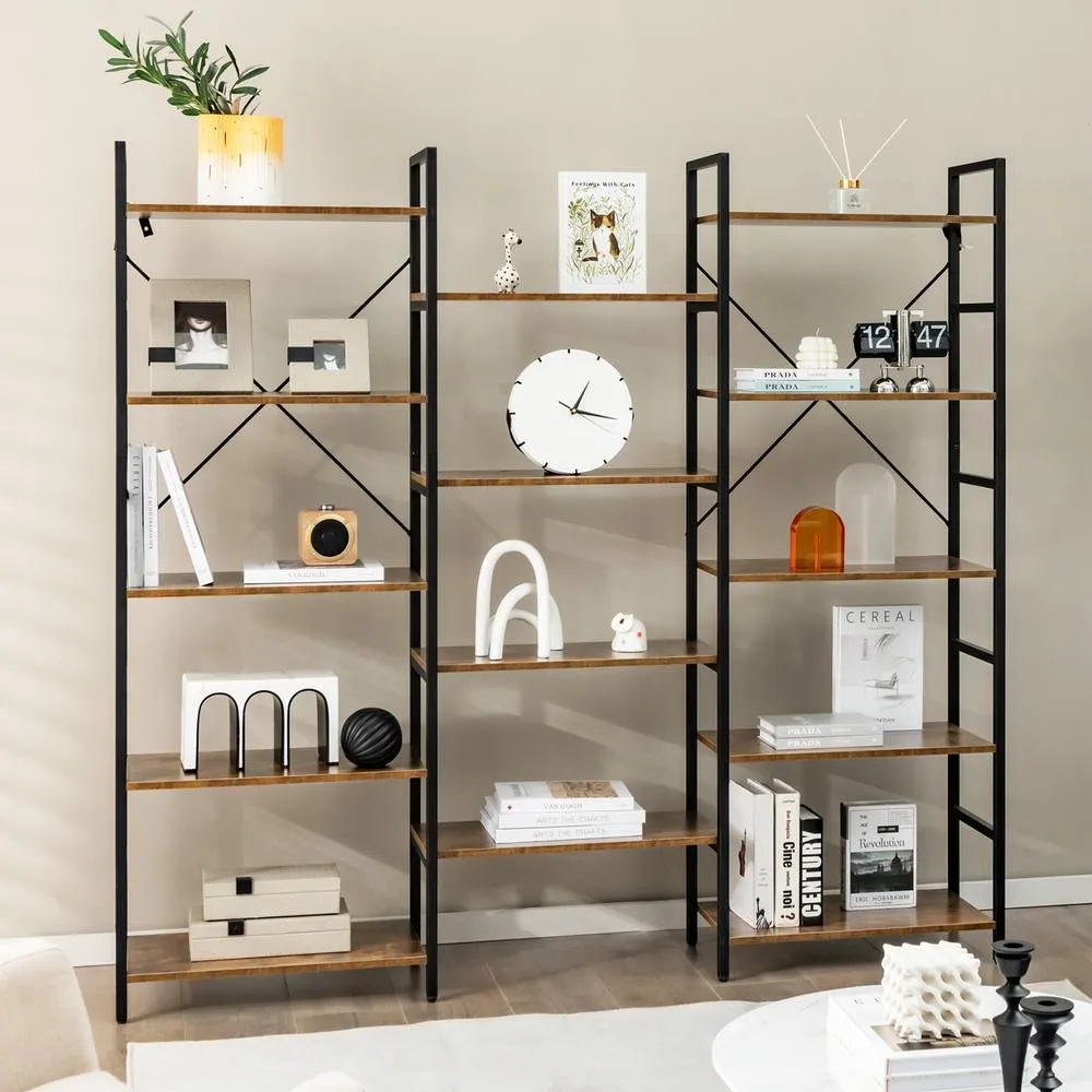 Costway 5-tier Industrial Lsdder Bookshelf Floor Standing Bookcase Display Shelf in Brown 3