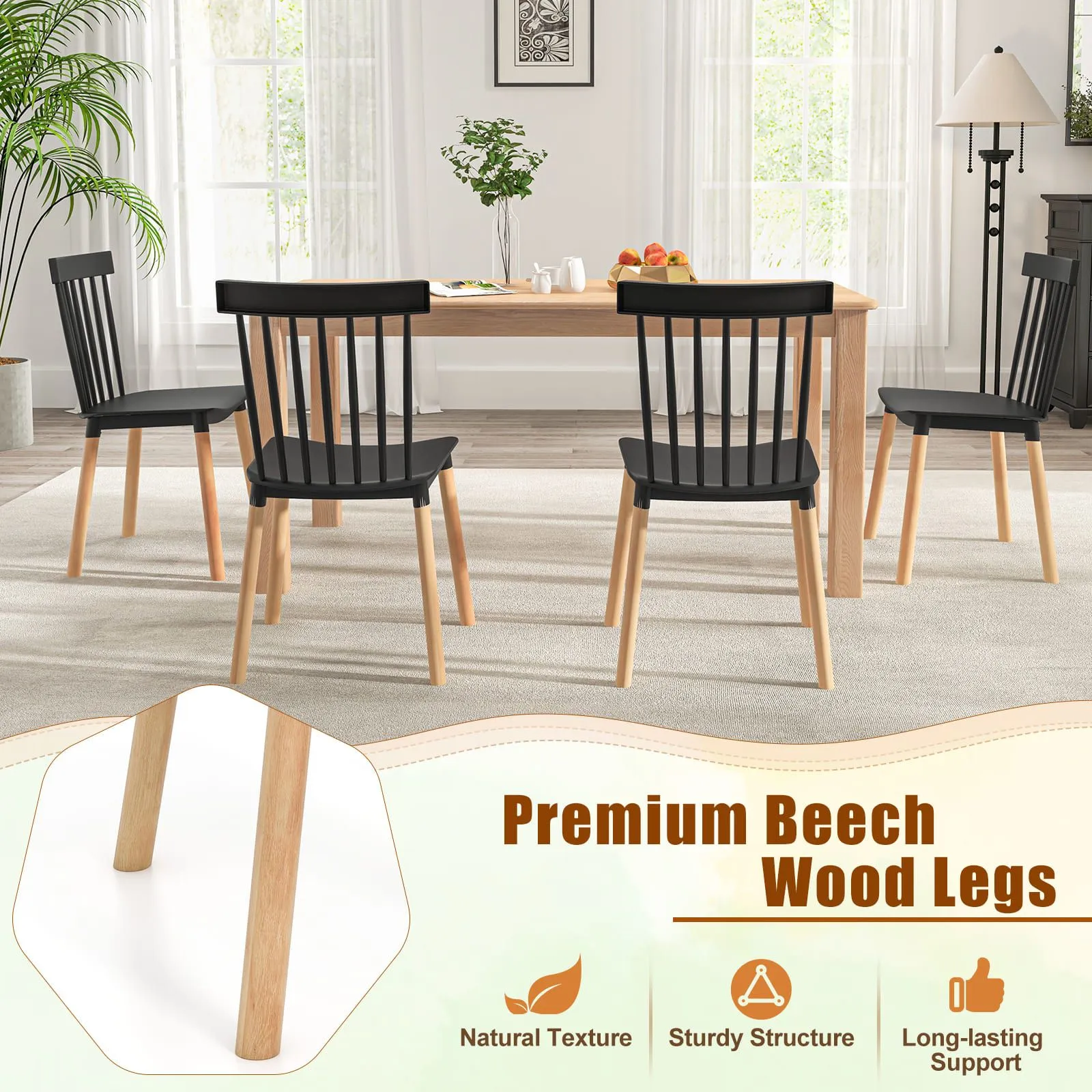 Costway Set of 4 Windsor Dining Chairs Kitchen Armless Side Chairs-Black in Black 3