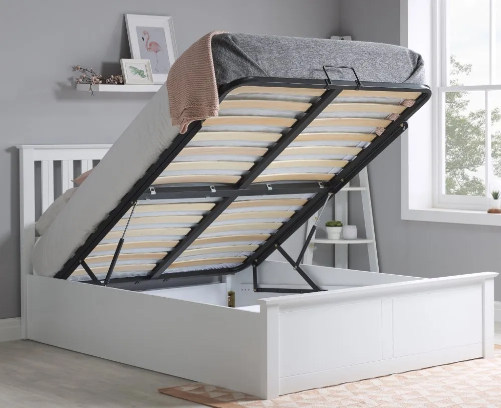 Phoenix -  King Size - White Wooden Ottoman Storage Bed Frame - Slatted Headboard - King - Happy Beds
