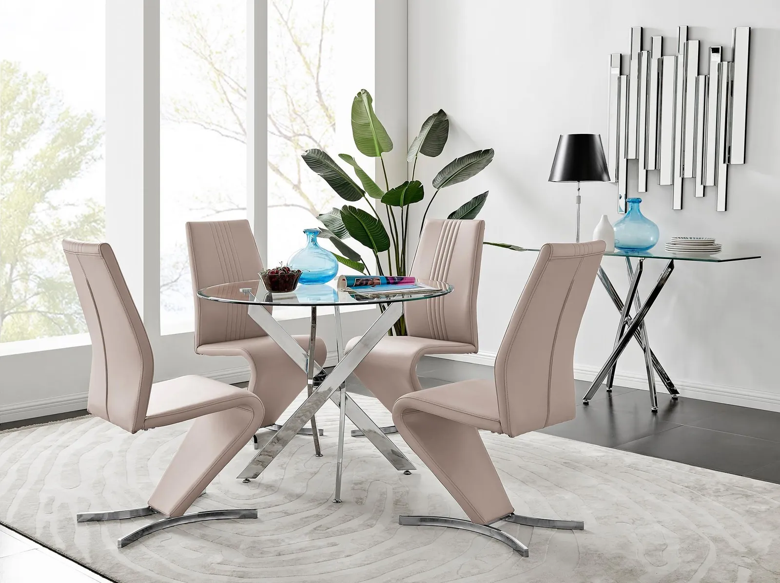 FurnitureboxUK Novara Round 100cm Chrome Metal & Glass Dining Table & 4 Willow Dining Chairs Set in Beige 1