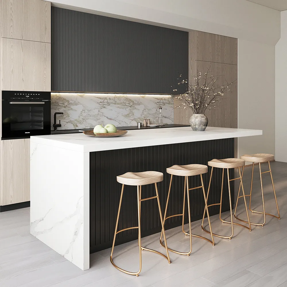 180 cm Large White & Black Kitchen Island with Storage Cabinet Marble Veneered Top