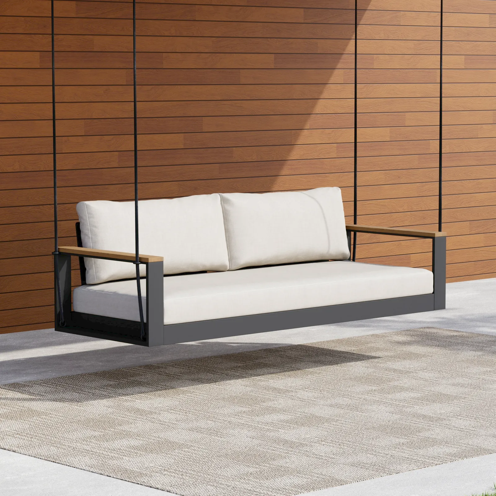 Tevara 2 Seater Solid Wood Outdoor Hanging Chair Sofa Porch Swing Bench in Beige Cushion & Pillow Included