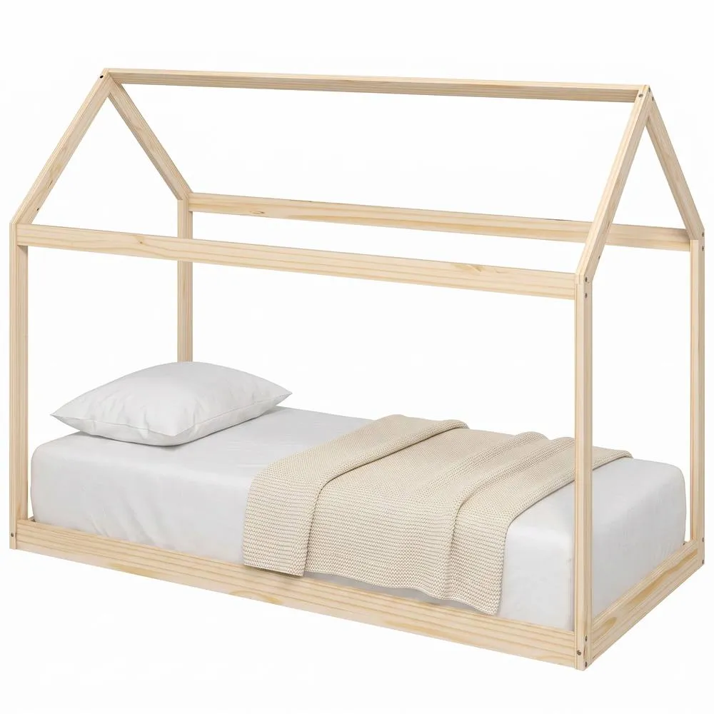 HOMCOM Wooden Single Bed Frame with Tree House Style, Natural Wood Finish 2