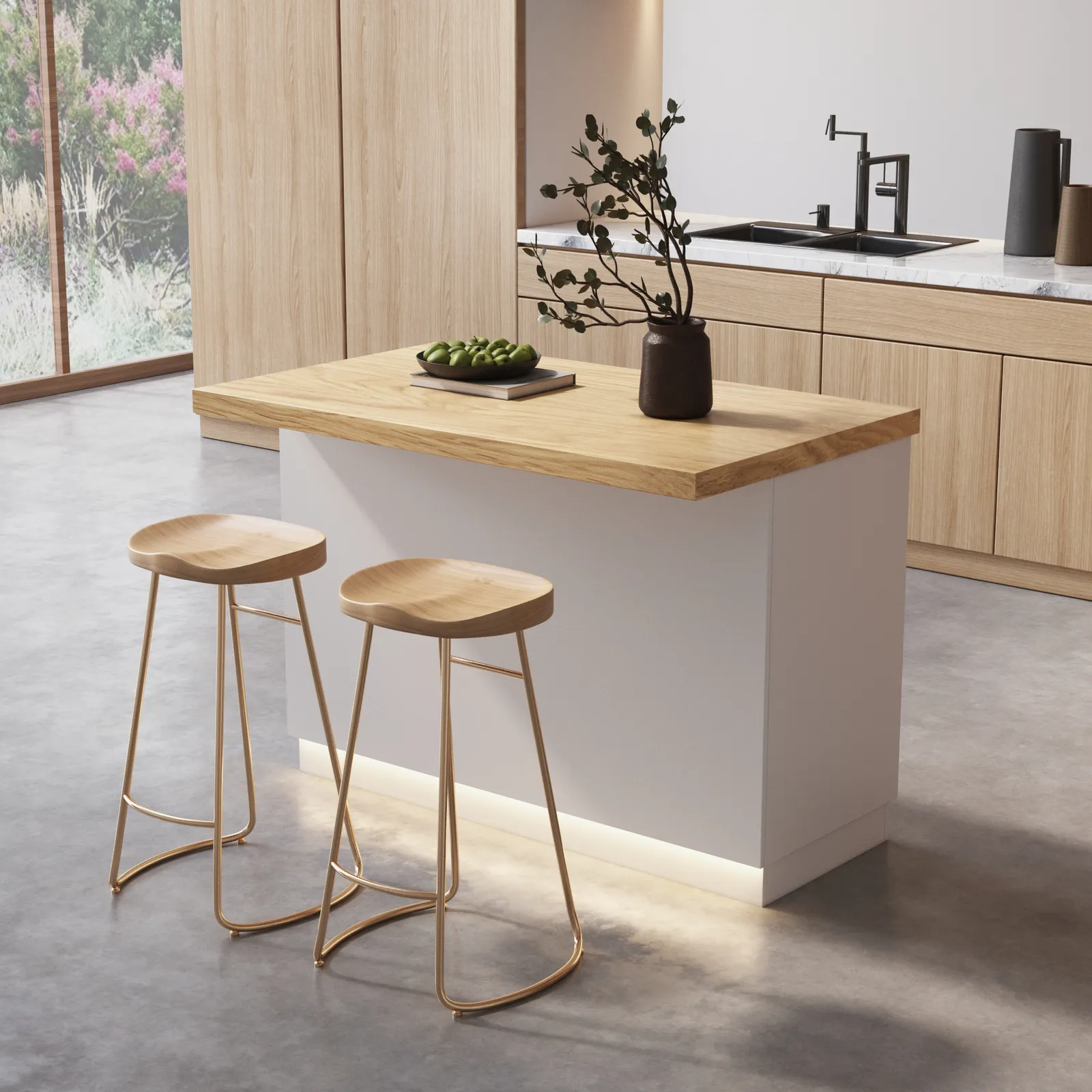 1270mm Japandi Kitchen lsland Natural & White Wooden Storage Kitchen Cabinet with Light