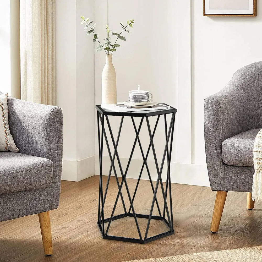 Costway Hexagonal Glass Coffee Table Metal Frame Sofa Side Table Modern End Table in Black 3
