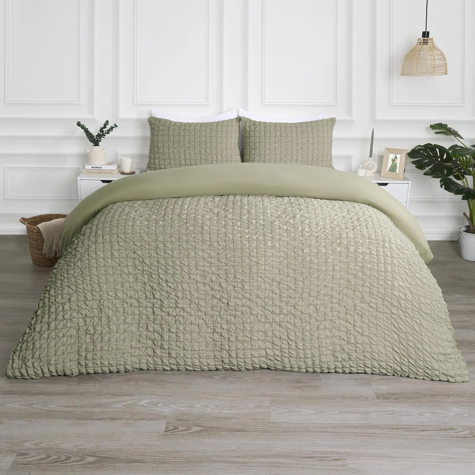 OHS Luxury Seersucker Duvet Cover Set Geo Pillowcase Quilt in Light Green