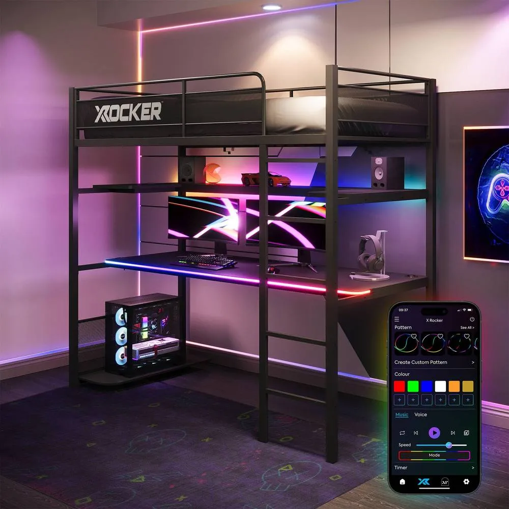X Rocker Battlebunk RGB LED Single High Sleeper Gaming Bunk Bed with Desk in Black