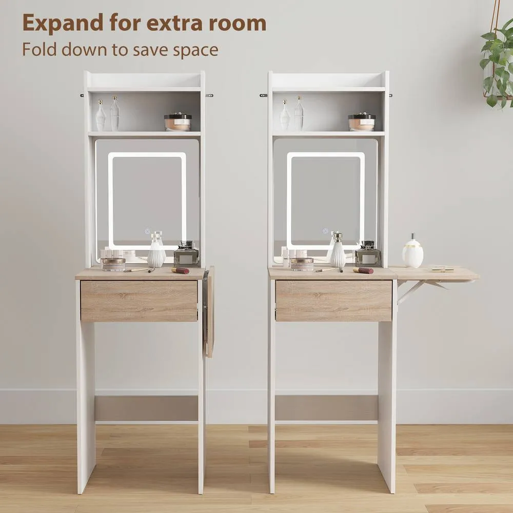HOMCOM Compact Dressing Table with Lighted Mirror Open Shelves Drawer in White 6