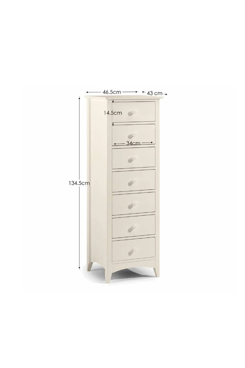 Julian Bowen Cameo 7 Drawer Tall Slim Chest in Warm White 6