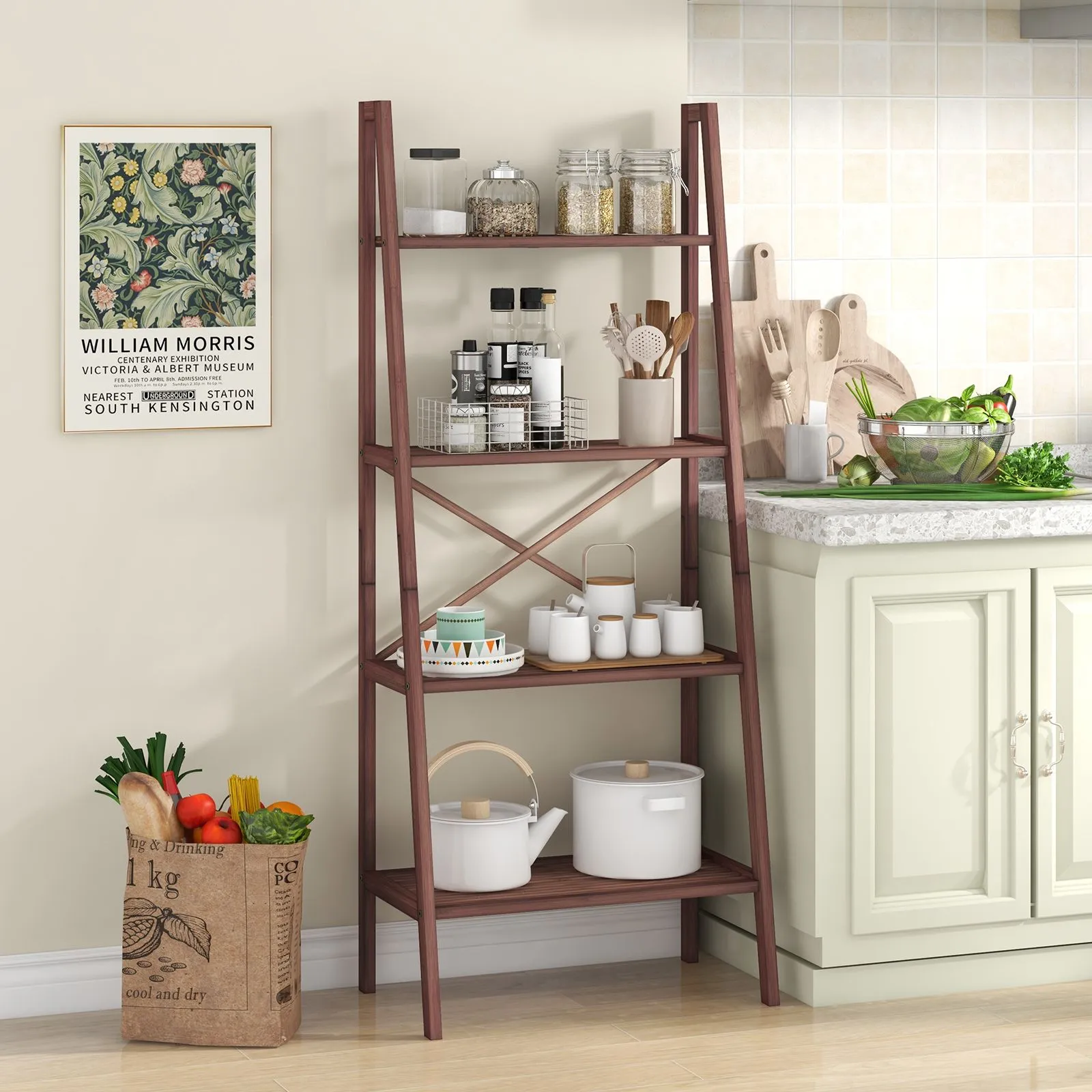 Costway Bamboo Ladder Bookshelf 4-Tier Freestanding Bookcase in Brown 3