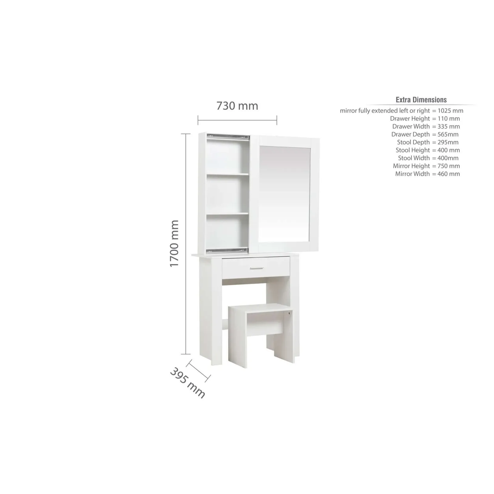 Birlea Evelyn 1 Drawer Sliding Mirror Dressing Table White 6
