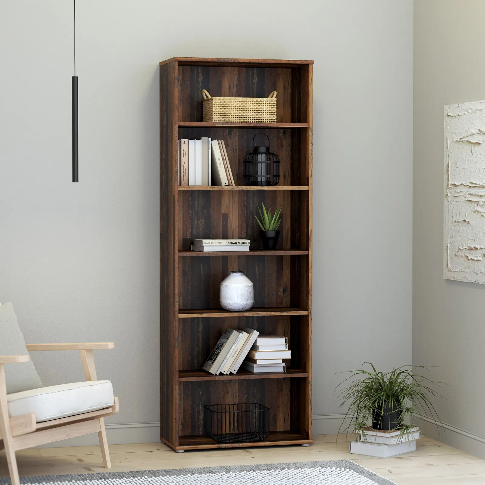 Furniture To Go Essential Wide 5 Shelf Bookcase in Vintage Oak in Dark Brown 4