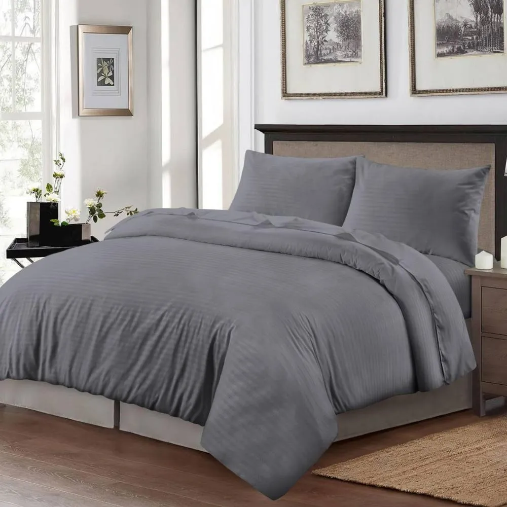 Homes-Linen Luxury Brushed Microfiber Stripe Duvet Cover Set with Pillowcases in Charcoal