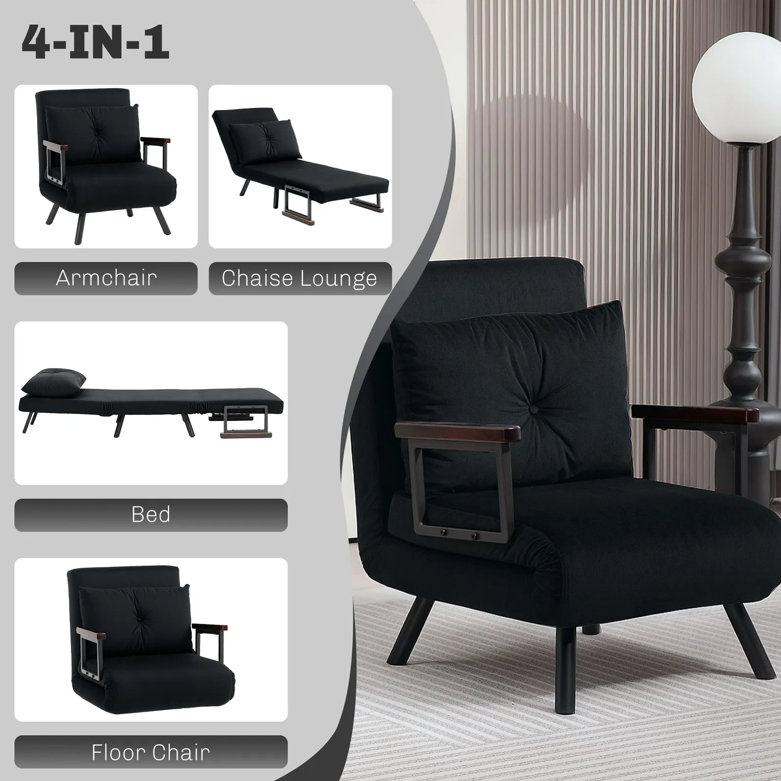 HOMCOM Click Clack Single Chair Bed Settee for Living Room in Black 4