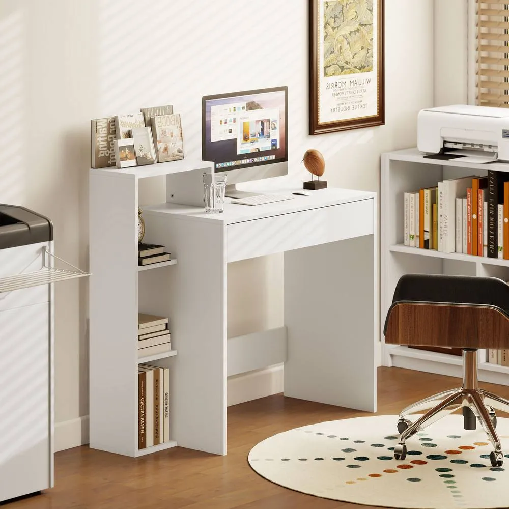 HOMCOM Computer Desk with 3 Open Shelves & Drawer, White