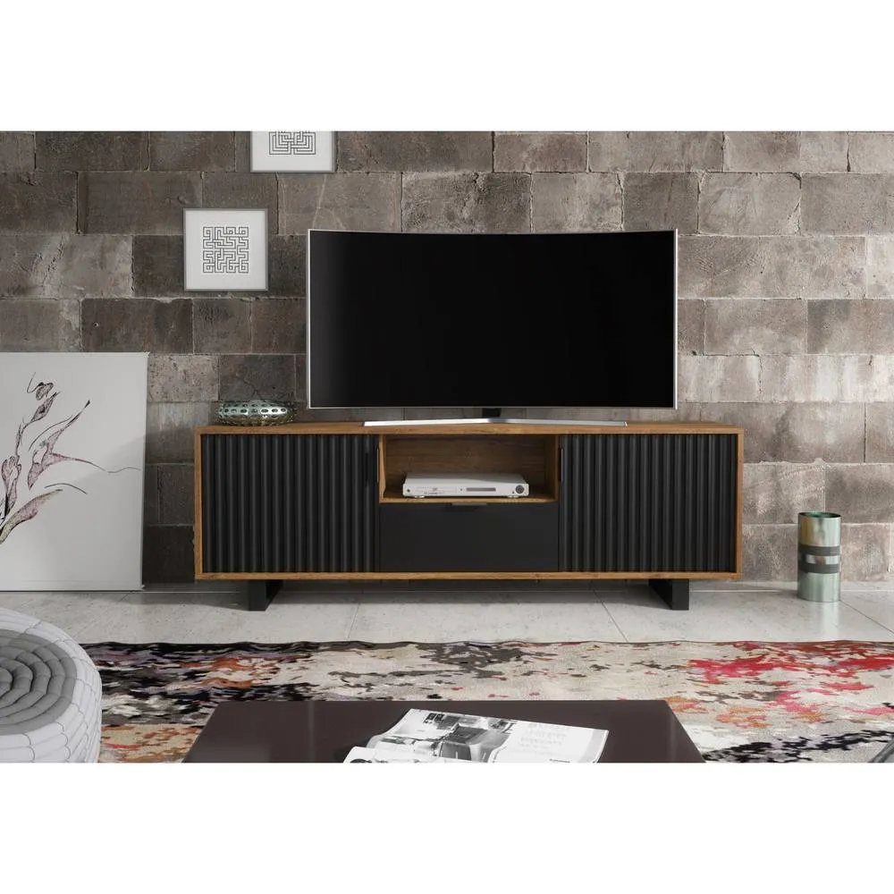 Creative Furniture Blackridge TV Unit 160cm - Dark Oak with Black Fluted Doors & Drawer in Brown 2