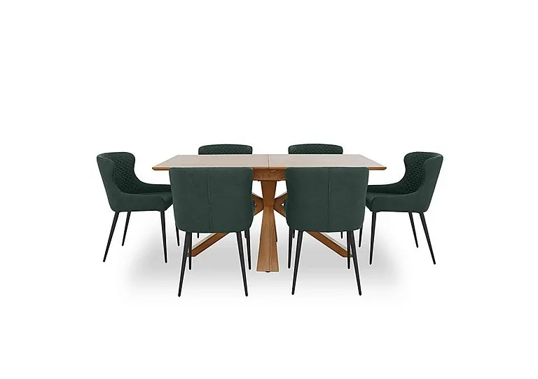 Hanoi Extending Table with Wooden Base and 6 Faux Leather Dining Chairs - Bottle Green