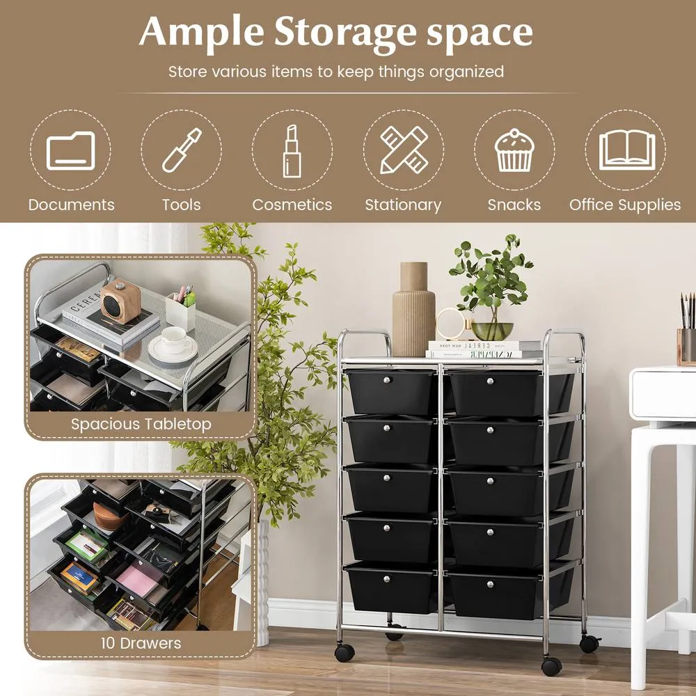 Costway 10 Drawers Storage Trolley Mobile Rolling Utility Cart Home Office Organizer in Black 5