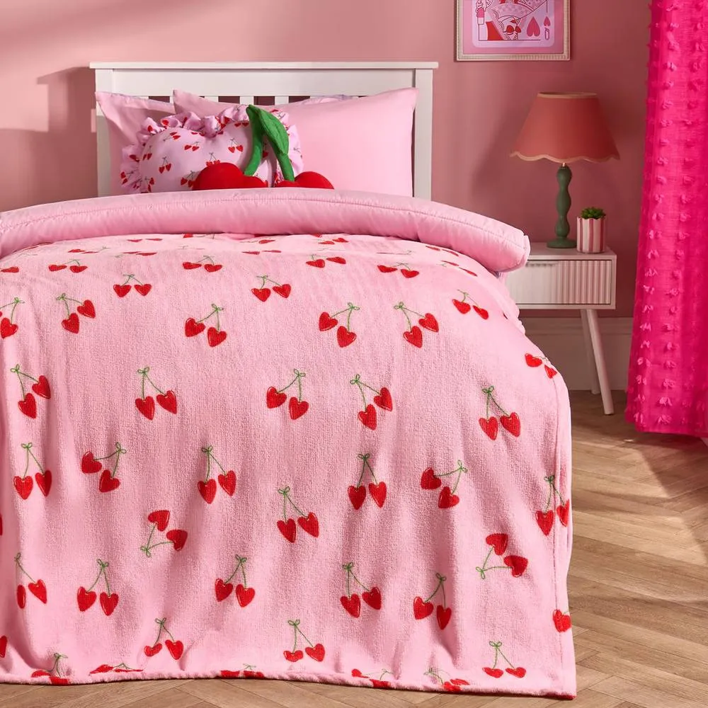 OHS Cherry Print Flannel Fleece Throw Blanket Soft Bedspread in Pink