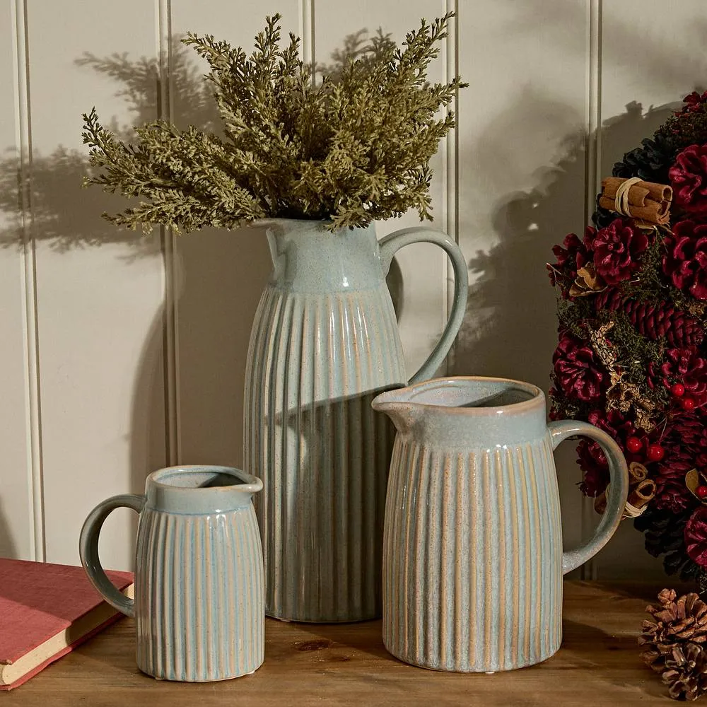 Dibor Ribbed Washed Blue Ceramic Pitcher Jug Set of 3 2