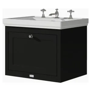 Bayswater Hartleigh Matt Black Traditional Wall Hung Vanity Unit & 3 Tap Hole Traditional Recessed Basin - 600mm 2