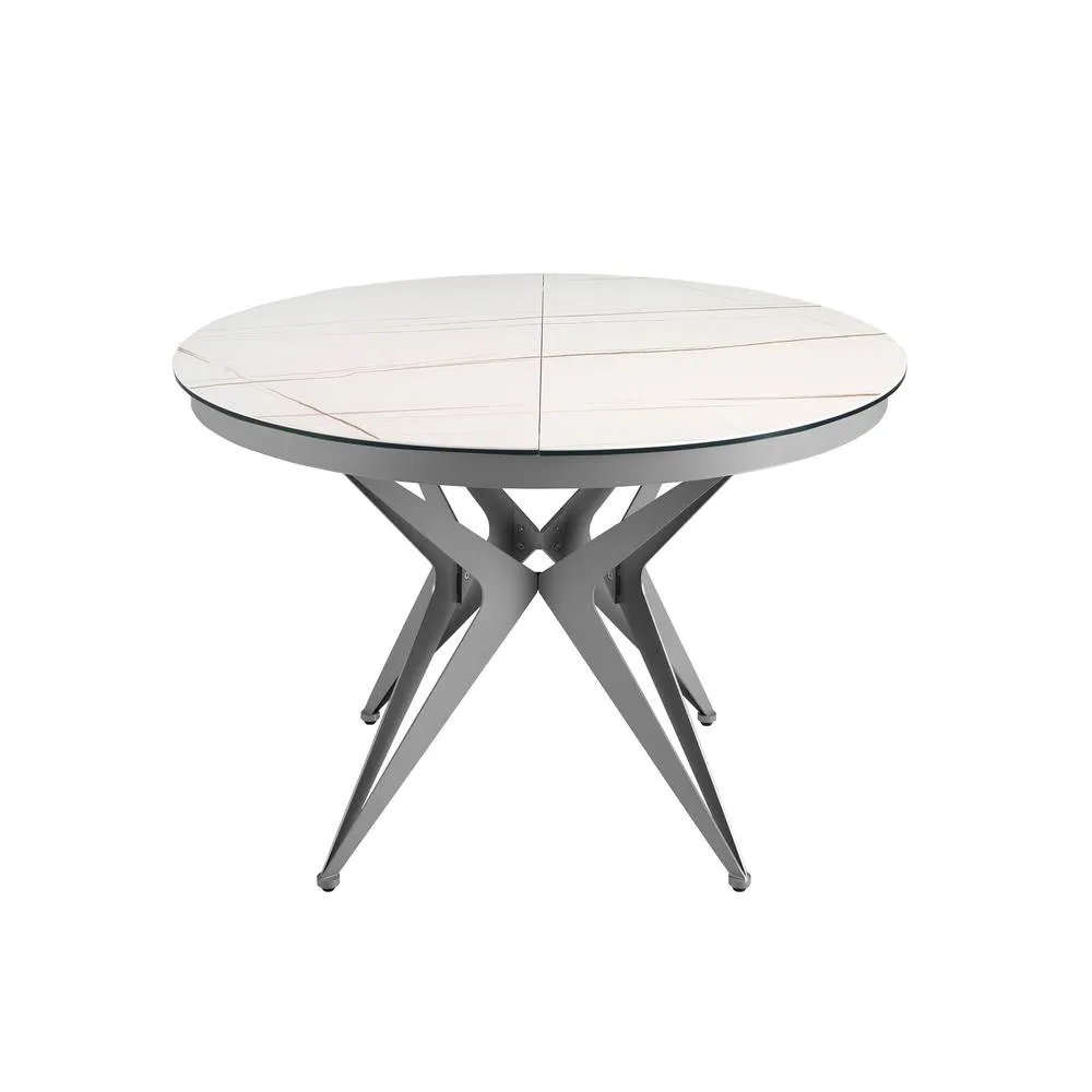 Angel Cerda Round Extendable Dining Table, Porcelain Marble Top in White 2