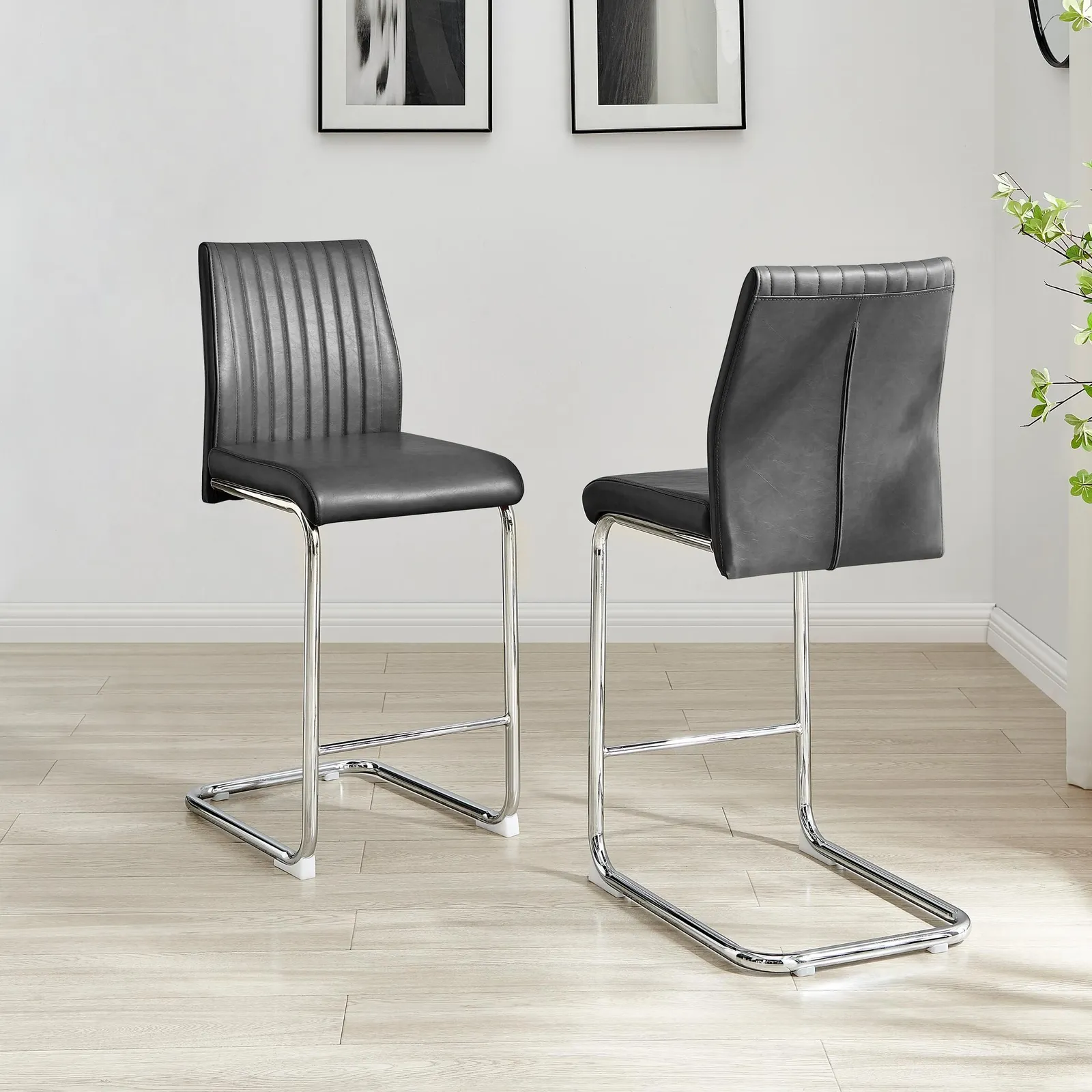 FurnitureboxUK Lorenzo 2x Faux Leather & Silver Counter Stools in Black 3